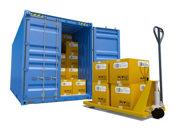 Blue opened cargo container with cardboard boxes inside and yellow pallet trolley, isolated on white background. 3D illustration