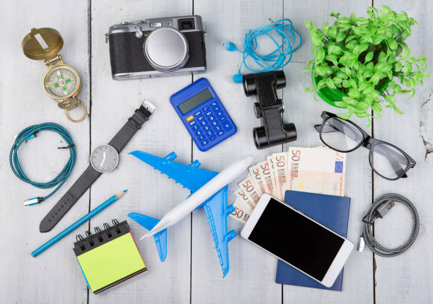 istock plane, passport, money, camera, compass, headphones, binoculars, smartphone 652644250