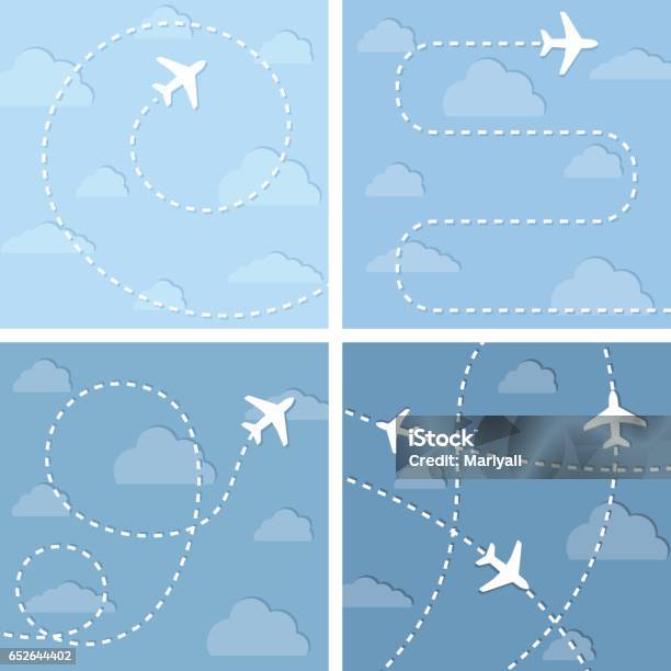 Four Vector Illustration With Flight Planes Stock Illustration - Download Image Now - Air Vehicle, Aircraft Point of View, Airplane