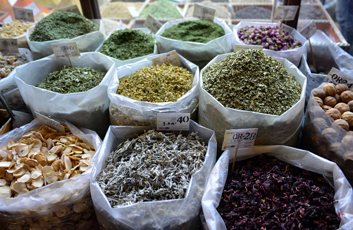 Spices in different colors in the local market place, called \