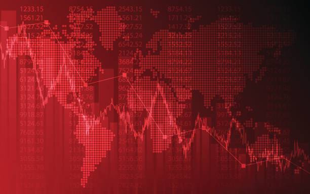 istock Financial chart with downtrend line and world map in red color 652647610
