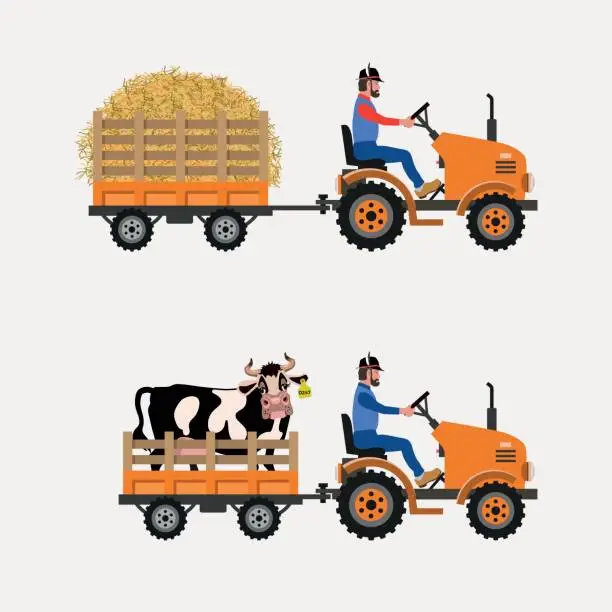 Vector illustration of Farm tractor with trolley