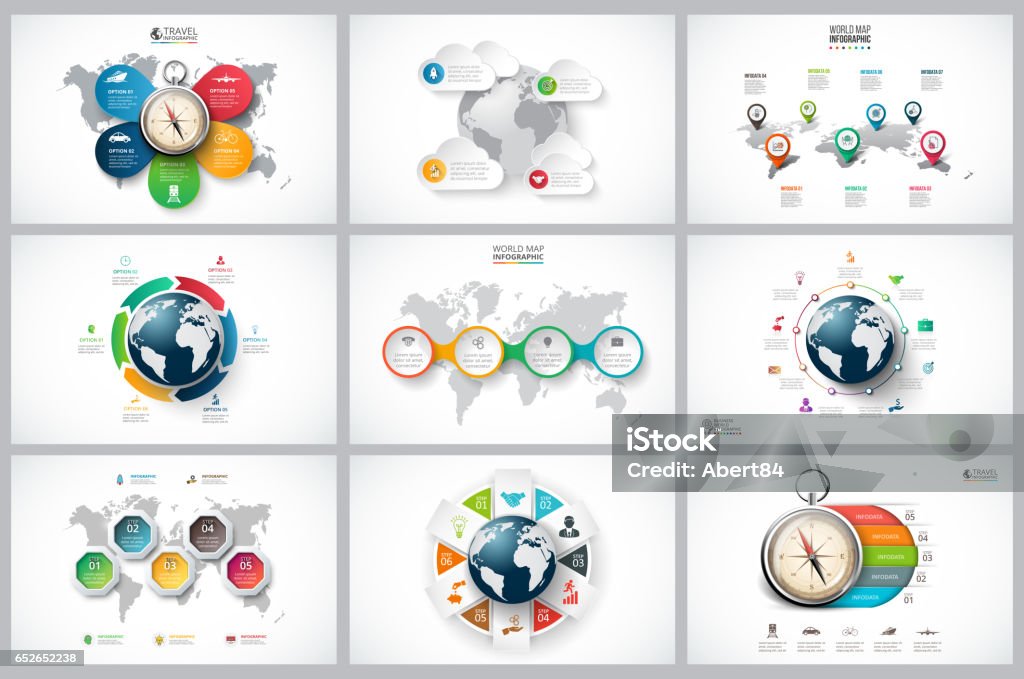 Business data visualization. Vector infographics set with earth, map and compass for global, travel infographic. Business concept with 4, 5, 6, 7, 8 and 9options, parts, steps or processes. Pointing stock vector