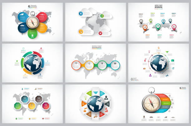 Business data visualization. Vector infographics set with earth, map and compass for global, travel infographic. Business concept with 4, 5, 6, 7, 8 and 9options, parts, steps or processes. travel9 stock illustrations