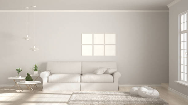 chambre minimaliste, simple séjour blanc avec grande fenêtre, design d’intérieur classique scandinave - carpet caucasian domestic room home interior photos et images de collection
