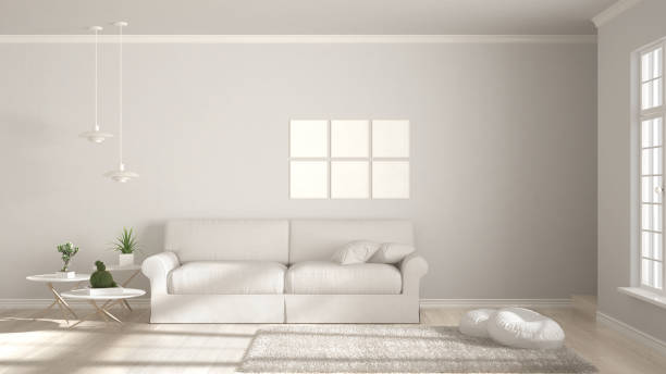 istock Minimalist room, simple white living with big window, scandinavian classic interior design 652657186