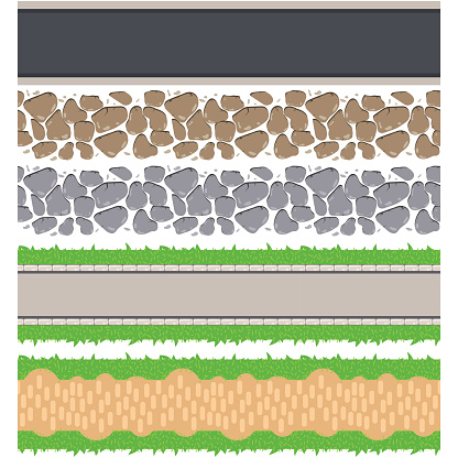Seamless border roads and track. Vector tileable pathway. Stone pebble, grass, asphalt and ground walkway set.
