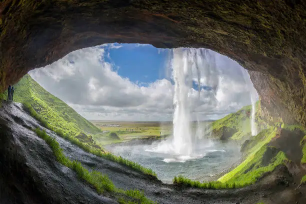 At the back of Seljalandsfoss waterfall - Iceland, Europe, Famous Place, Flowing Water, Fog