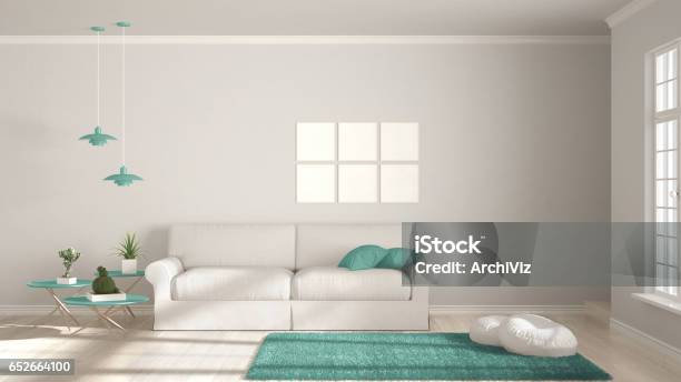 Minimalist Room Simple White And Turquoise Living With Big Window Scandinavian Classic Interior Design Stock Photo - Download Image Now