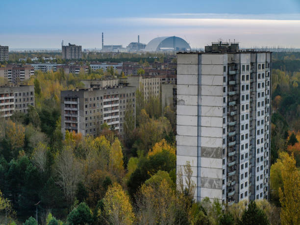 Pripyat in the Chernobyl Exclusion Zone, Ukraine, 2016 The ghost town Pripyat with the nuclear power plant in the Chernobyl Exclusion Zone which was established after the nuclear disaster in 1986 pripyat city stock pictures, royalty-free photos & images