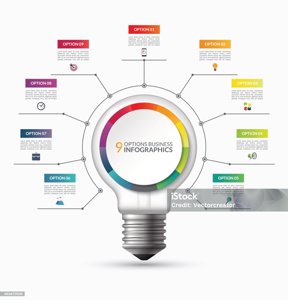 infographic582 Lightbulb infographic template with 9 options. Creative business startup concept. Can be used as circular chart, cycle diagram, graph, workflow layout for report, web, presentation. Vector background Number 9 stock vector