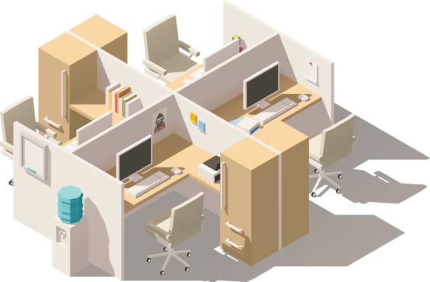 vector isometric thấp poly văn phòng cubicle - office cubicle hình minh họa sẵn có