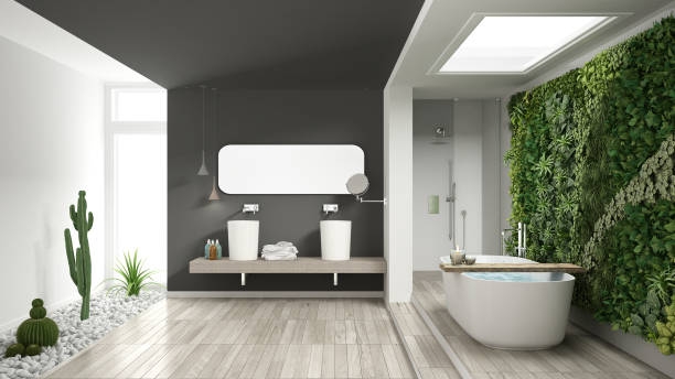 baño minimalista de blanco y gris con jardín vertical y suculento, piso de madera y piedras, hotel, spa, diseño interior moderno - cactus green environment nature fotografías e imágenes de stock