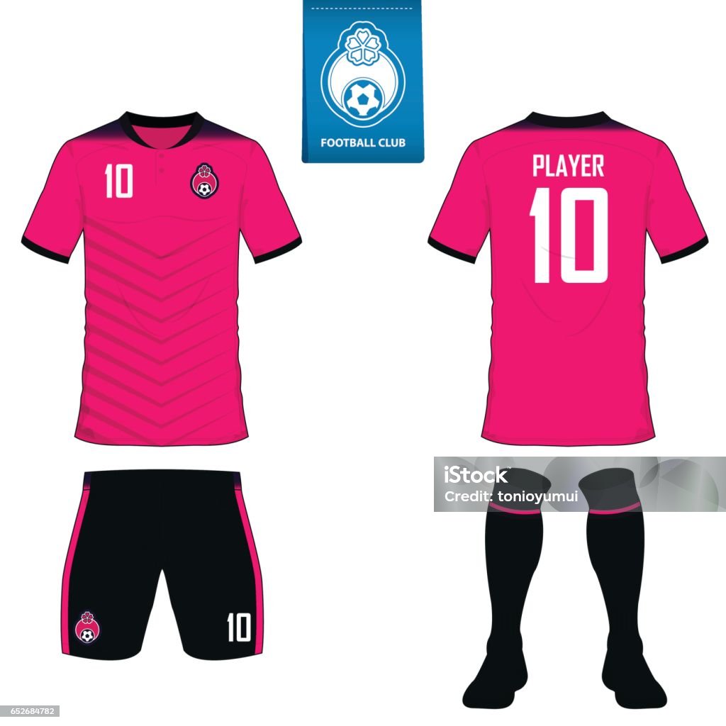 Set of soccer kit or football jersey template for football club. Flat football logo on blue label. Front and back view soccer uniform. Vector. Set of soccer kit or football jersey template for football club. Flat football logo on blue label. Front and back view soccer uniform. Football shirt mock up. Vector Illustration. Logo stock vector