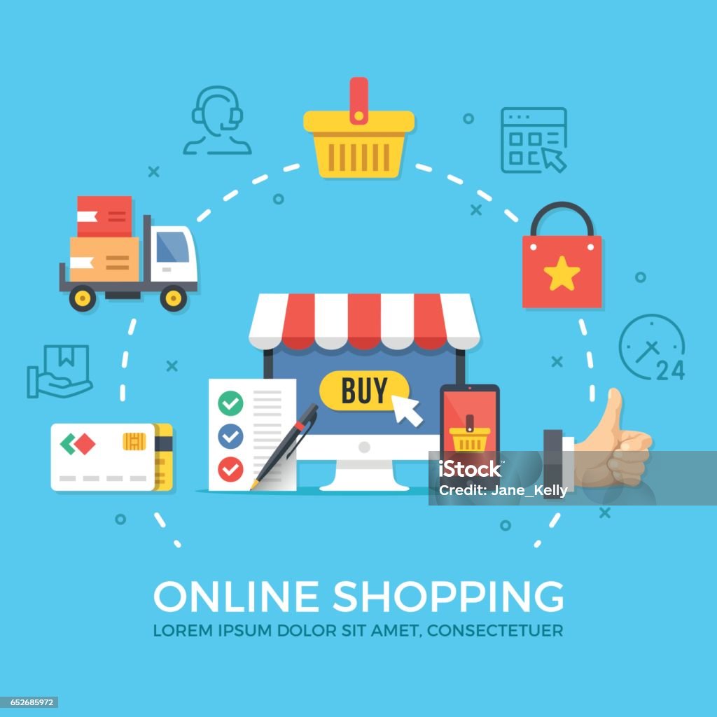 Online shopping, ecommerce. Flat design graphic elements, signs, symbols, concepts, line icons set. Premium quality. Modern vector illustration Online shopping. Flat design graphic elements, signs, symbols, line icons set. Premium quality. Modern concept for web banners, websites, infographics, printed materials. Creative vector illustration Online Shopping stock vector