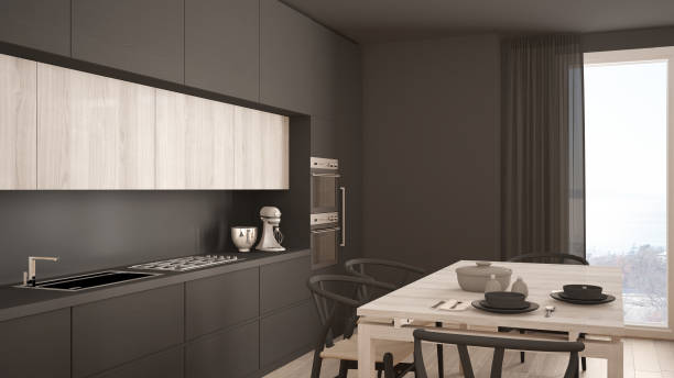 istock Modern minimal gray kitchen with wooden floor, classic interior design 652696664