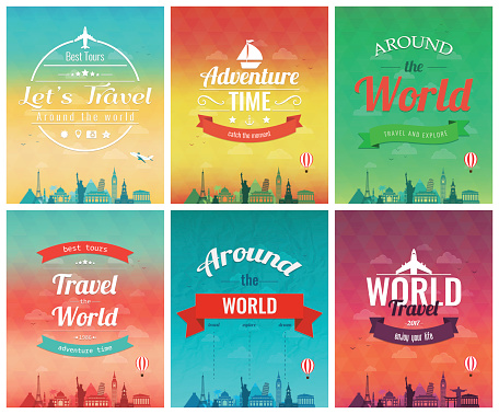 Travel brochure with world landmarks. Template of magazine, poster, book cover, banner, flyer. Vector illustration