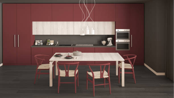 istock Modern minimal red kitchen with wooden floor, classic interior design 652698536