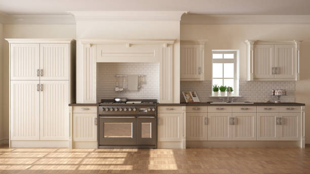 istock Classic kitchen, scandinavian minimal interior design with wooden details 652701296