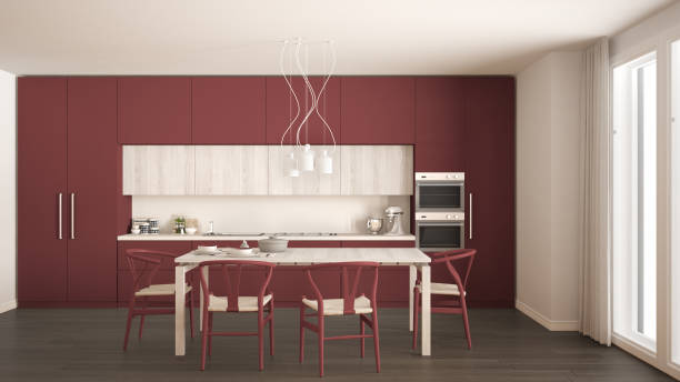 istock Modern minimal red kitchen with wooden floor, classic interior design 652705360
