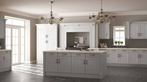 istock Classic kitchen, scandinavian minimal interior design with wooden details 652707568