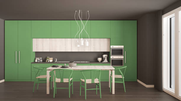 istock Modern minimal green kitchen with wooden floor, classic interior design 652708402