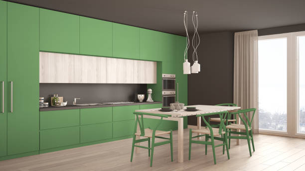 istock Modern minimal green kitchen with wooden floor, classic interior design 652710304