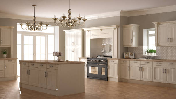 istock Classic kitchen, scandinavian minimal interior design with wooden details 652711628