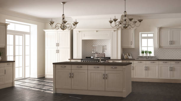 istock Classic kitchen, scandinavian minimal interior design with wooden details 652711860