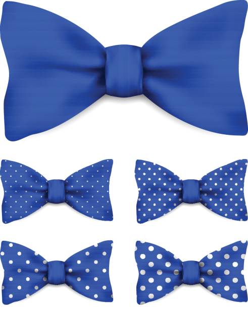 Print Cobalt blue bow tie with white dots realistic vector illustration set isolated on white background prom fashion stock illustrations