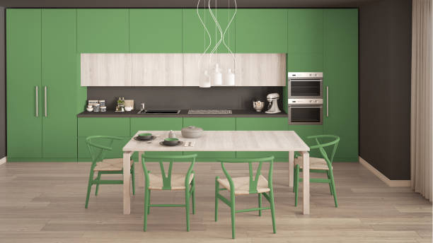 istock Modern minimal green kitchen with wooden floor, classic interior design 652717088