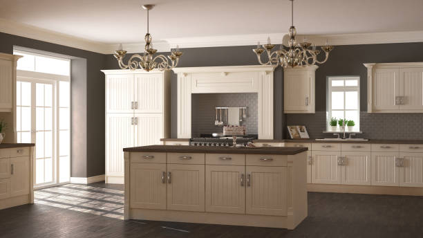 istock Classic kitchen, scandinavian minimal interior design with wooden details 652717596