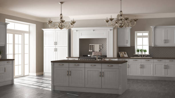 istock Classic kitchen, scandinavian minimal interior design with wooden details 652718640