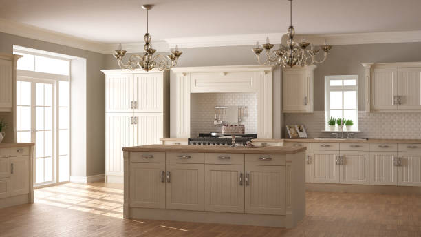 istock Classic kitchen, scandinavian minimal interior design with wooden details 652719192