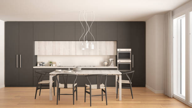 istock Modern minimal gray kitchen with wooden floor, classic interior design 652722442