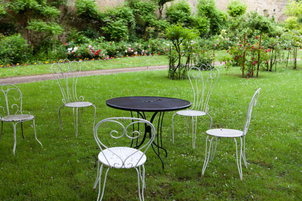 istock The empty table and four white chairs in the garden 652723258