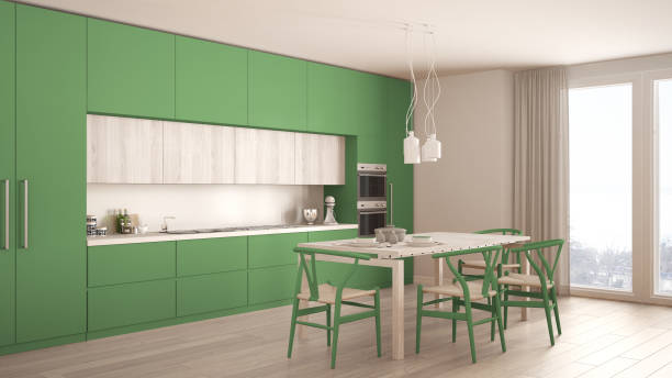 istock Modern minimal green kitchen with wooden floor, classic interior design 652723408