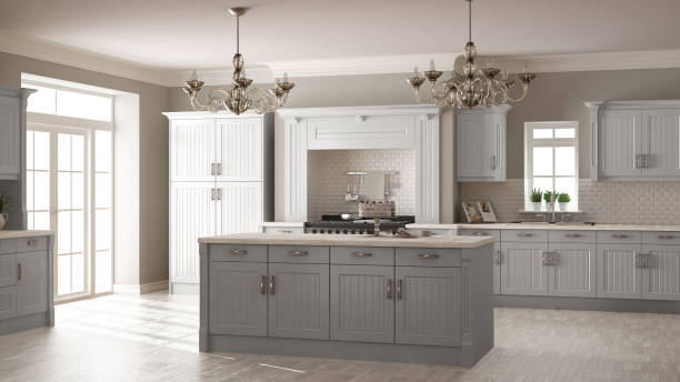 istock Classic kitchen, scandinavian minimal interior design with wooden details 652725594