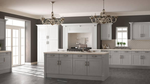 istock Classic kitchen, scandinavian minimal interior design with wooden details 652726470