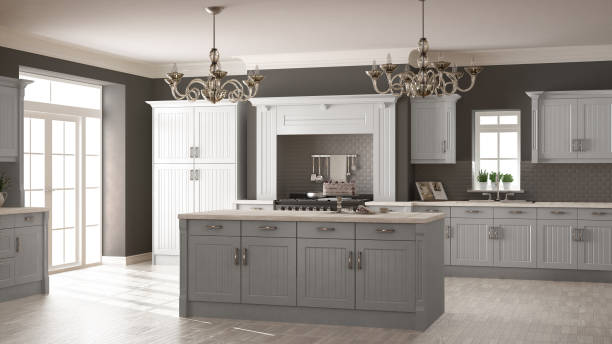 istock Classic kitchen, scandinavian minimal interior design with wooden details 652729450