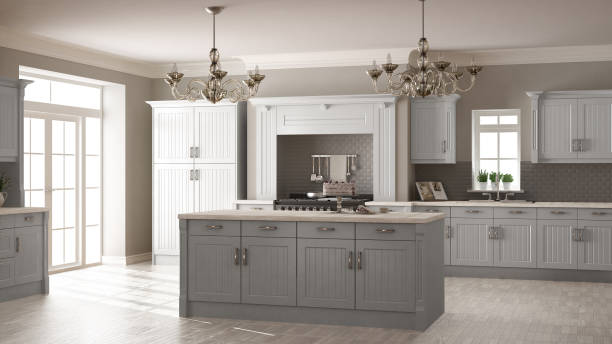 istock Classic kitchen, scandinavian minimal interior design with wooden details 652730046