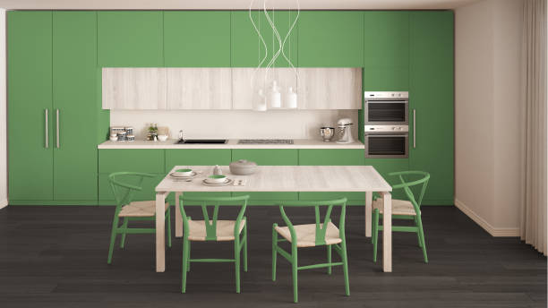 istock Modern minimal green kitchen with wooden floor, classic interior design 652730154