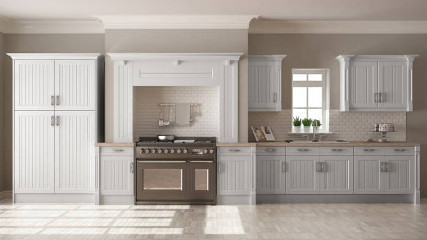 istock Classic kitchen, scandinavian minimal interior design with wooden details 652730382