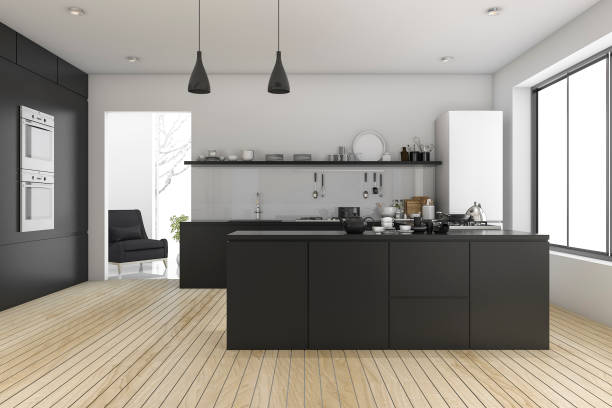 istock 3d rendering black minimal kitchen near living room 652733378