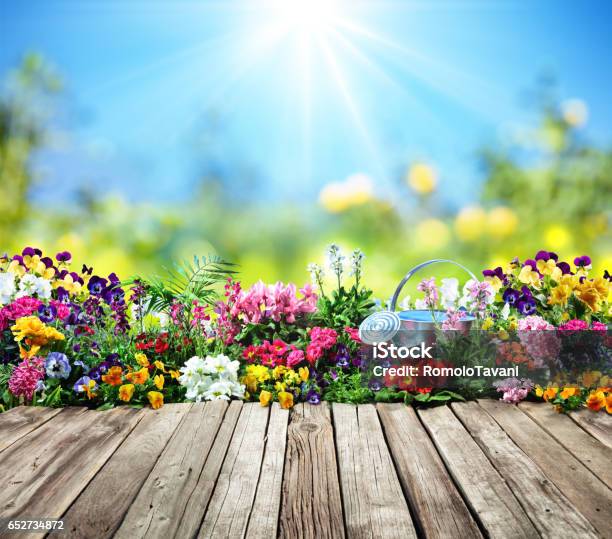Schreibtisch Aus Holz Mit Blumen Im Garten Stockfoto und mehr Bilder von Blume - Blume, Hausgarten, Frühling