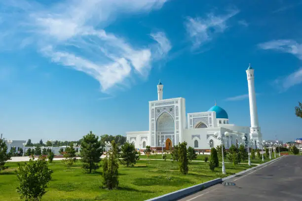 Beautiful white Minor mosque in Tashkent on a sunny day, Uzbekistan.