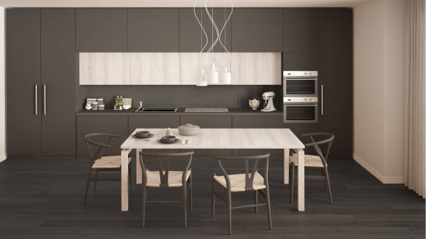 istock Modern minimal gray kitchen with wooden floor, classic interior design 652743120
