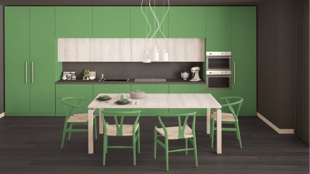 istock Modern minimal green kitchen with wooden floor, classic interior design 652746554