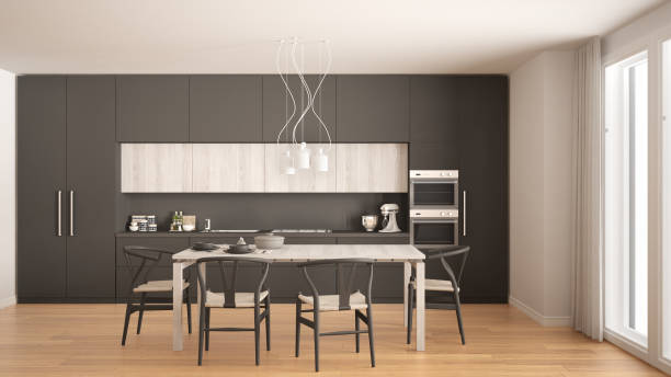 istock Modern minimal gray kitchen with wooden floor, classic interior design 652746892