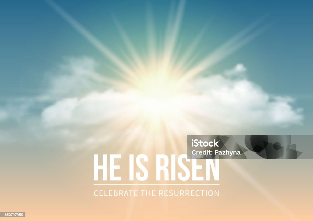 He is risen Christian religious design for Easter celebration, text He is risen, shining Cross and heaven with white clouds. Vector illustration. Easter stock vector